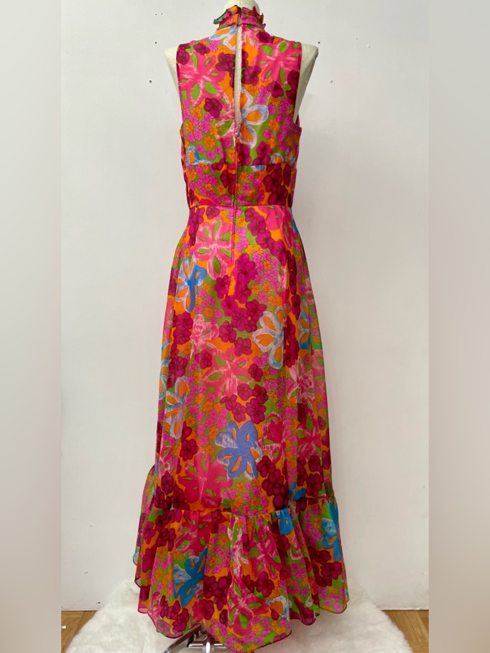 Vintage 60s flower power psychedelic A-Line sweep dress size S/M chiffon halter - Picture 6 of 16